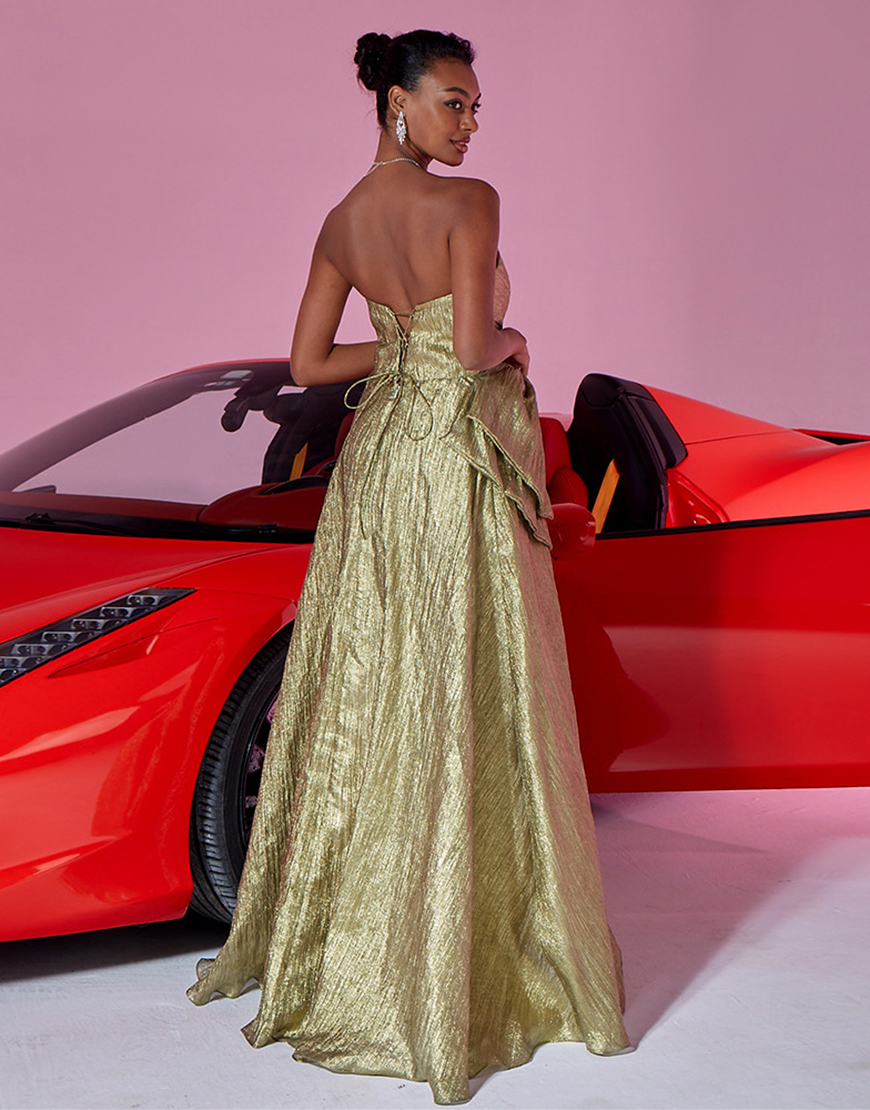 A Line Gold Metallic Sweetheart Long Prom Dress with Bow