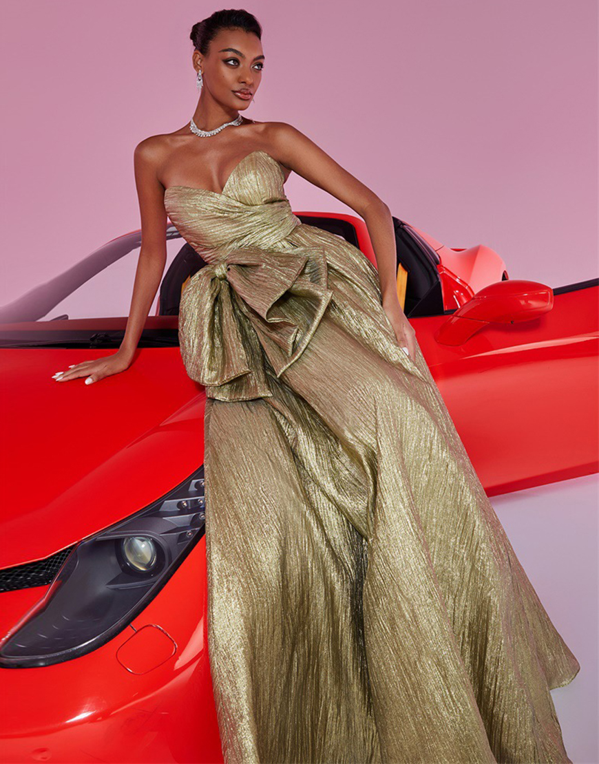 A Line Gold Metallic Sweetheart Long Prom Dress with Bow