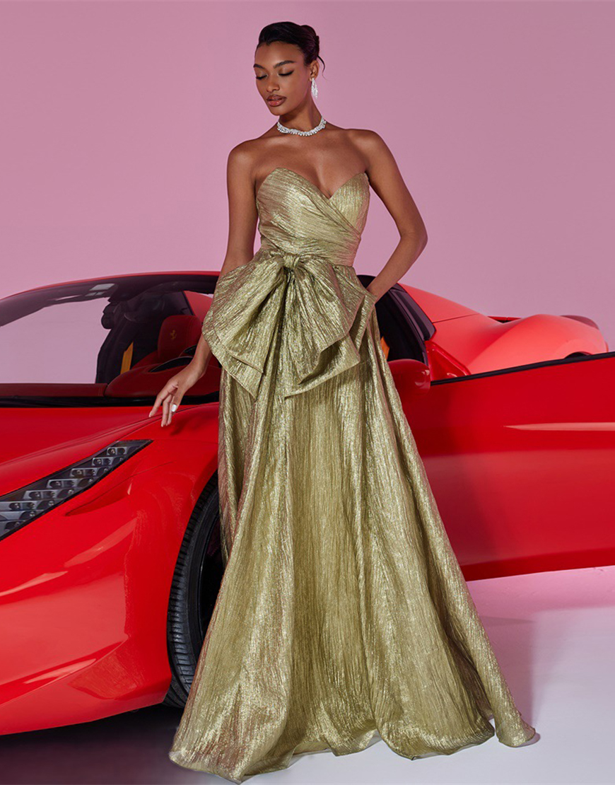 A Line Gold Metallic Sweetheart Long Prom Dress with Bow