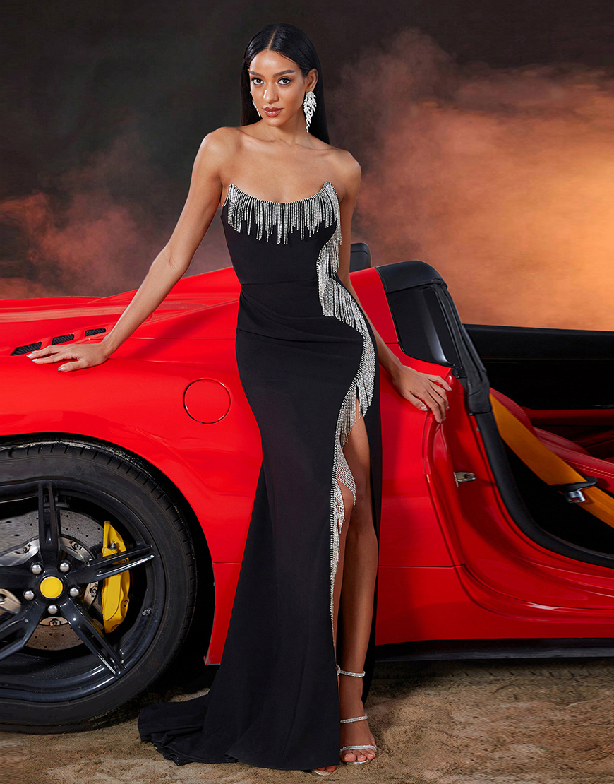 Black Strapless Mermaid Fringed Long Prom Dress with Slit