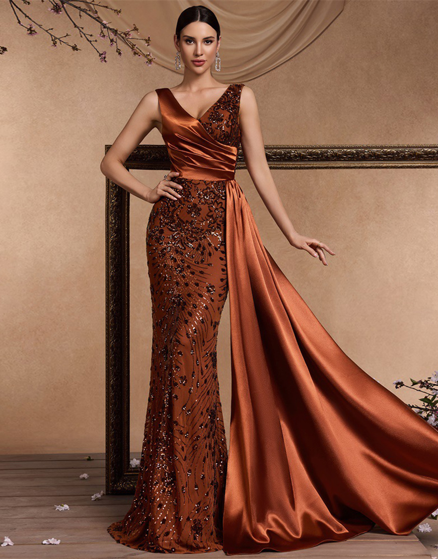 Sparkly Floral Brown Mermaid V-Neck Long Prom Dress with Side Cape
