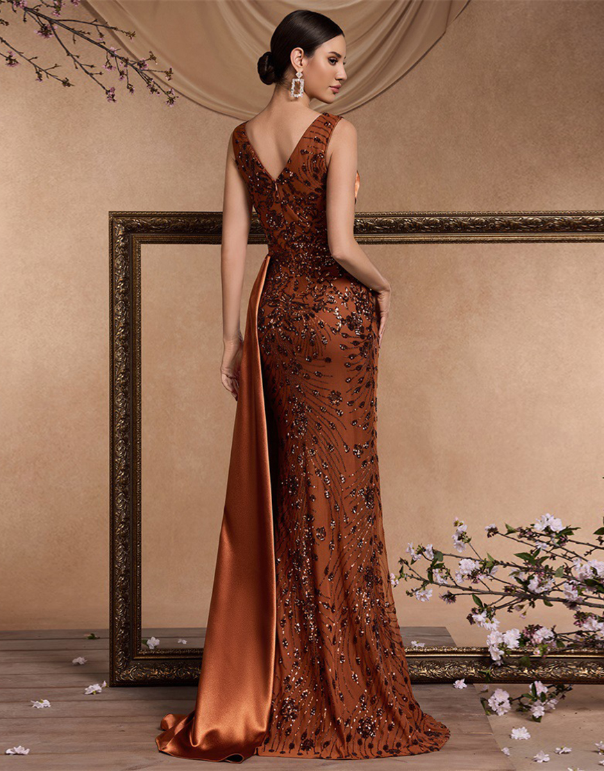Sparkly Floral Brown Mermaid V-Neck Long Prom Dress with Side Cape