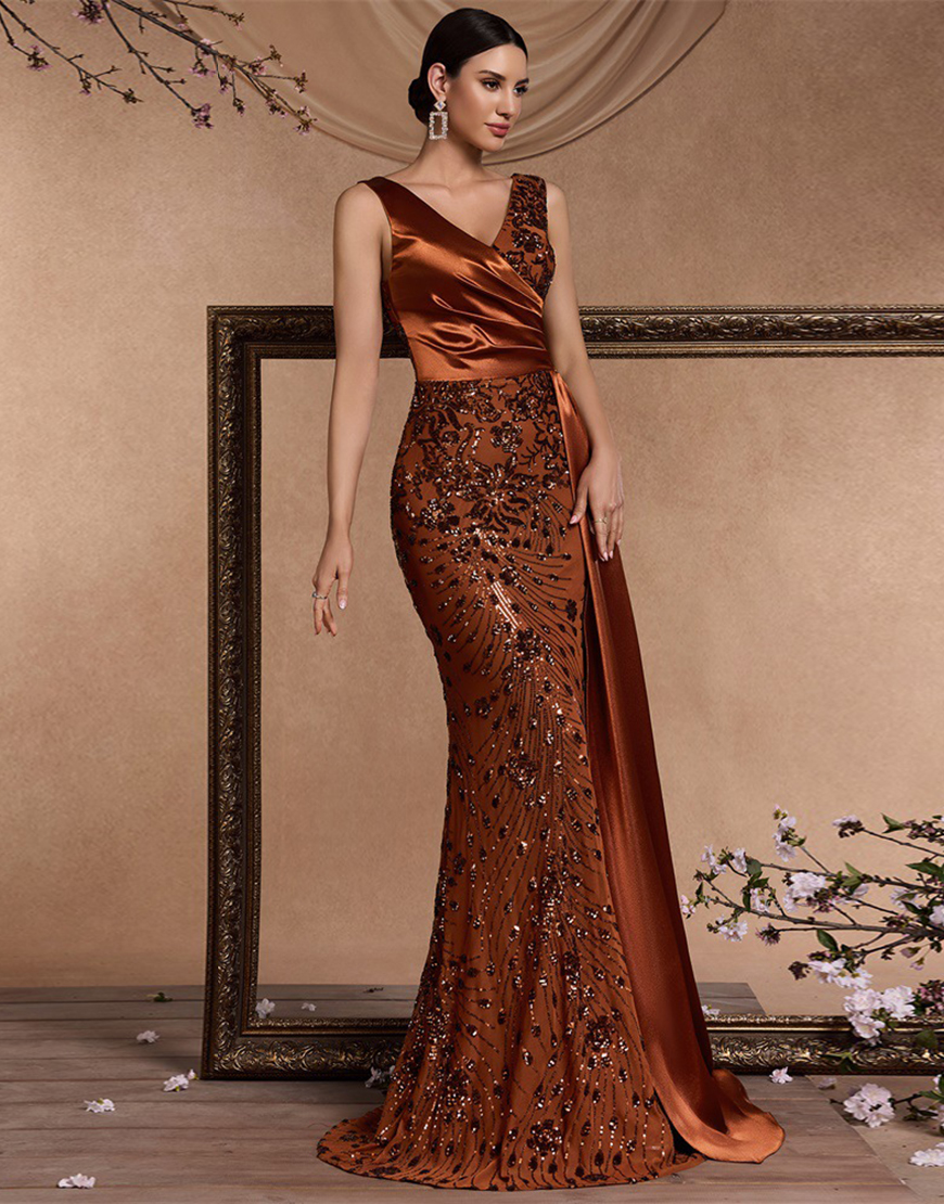 Sparkly Floral Brown Mermaid V-Neck Long Prom Dress with Side Cape