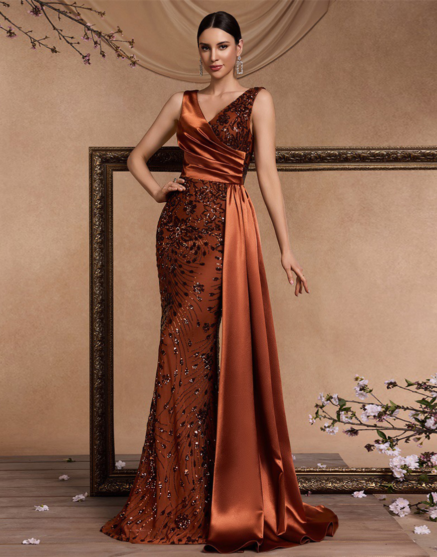 Sparkly Floral Brown Mermaid V-Neck Long Prom Dress with Side Cape