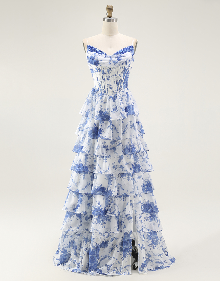 White Blue Floral A-Line Corset Ruffled Long Prom Dress with Slit