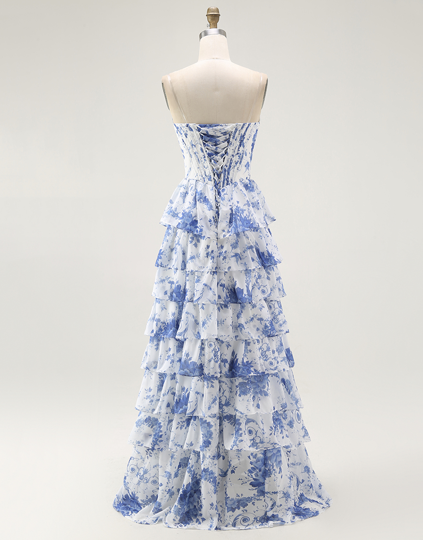 White Blue Floral A-Line Corset Ruffled Long Prom Dress with Slit