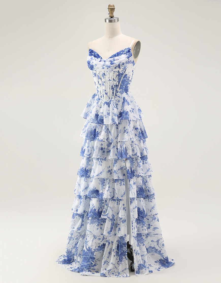 White Blue Floral A-Line Corset Ruffled Long Prom Dress with Slit