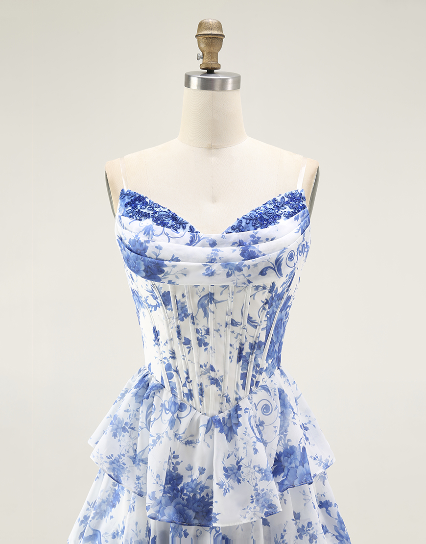 White Blue Floral A-Line Corset Ruffled Long Prom Dress with Slit