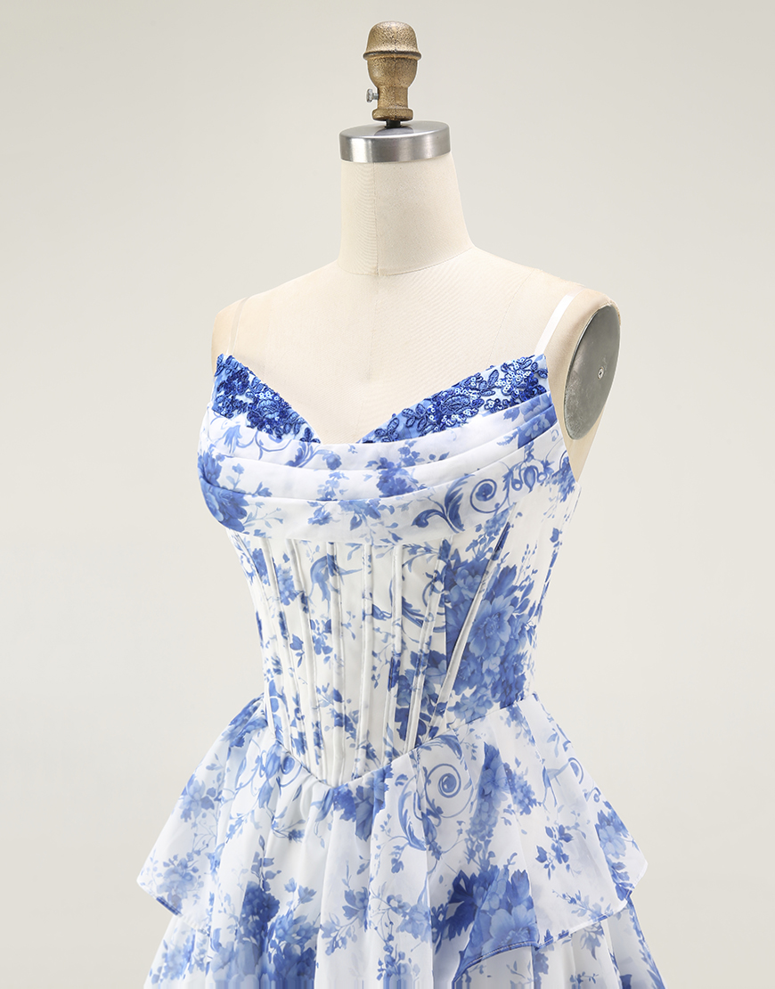 White Blue Floral A-Line Corset Ruffled Long Prom Dress with Slit