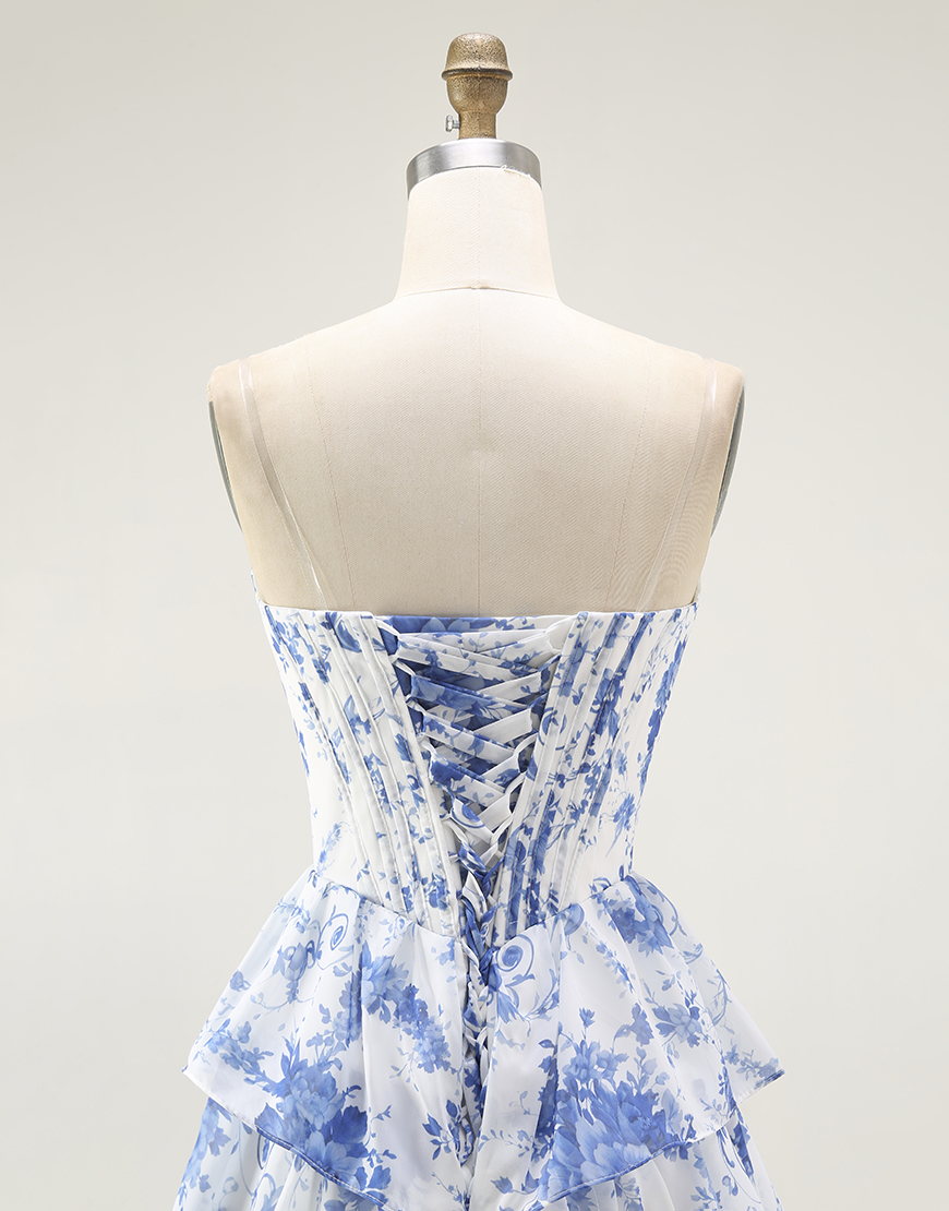 White Blue Floral A-Line Corset Ruffled Long Prom Dress with Slit
