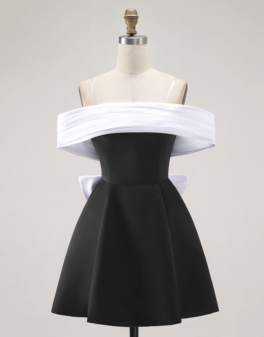 Berlinnova Women Black A Line Short Homecoming Dress Off the Shoulder Satin Cocktail Dress with Bow