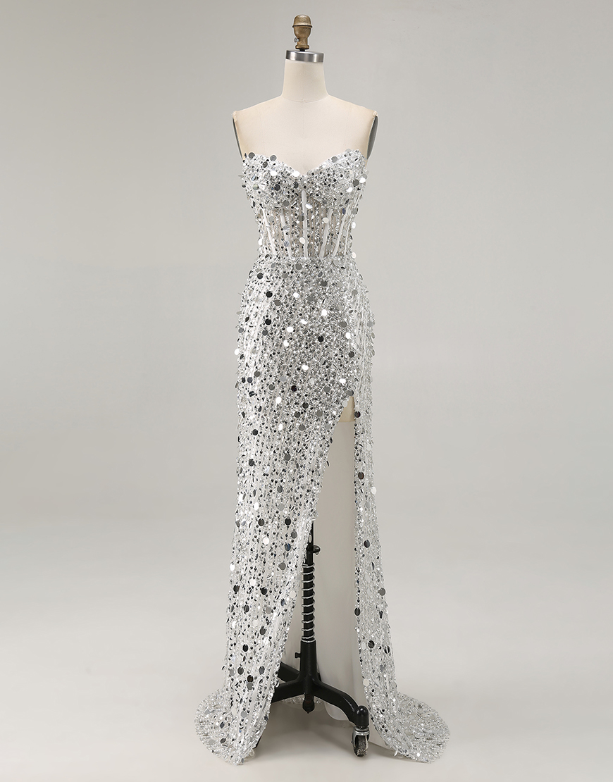 Sparkly Silver Mermaid Sequin Long Corset Prom Dress with Slit