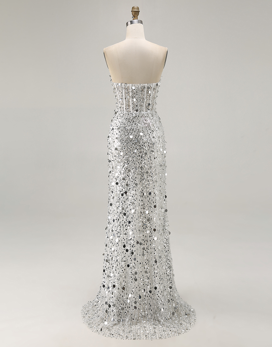 Sparkly Silver Mermaid Sequin Long Corset Prom Dress with Slit