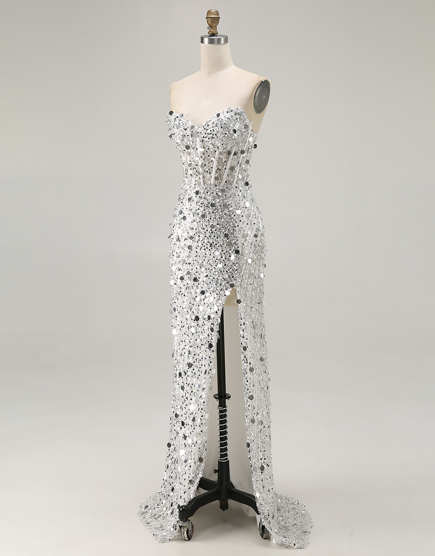 Sparkly Gold Sweetheart Sheath Corset Sequin Long Prom Dress with Slit