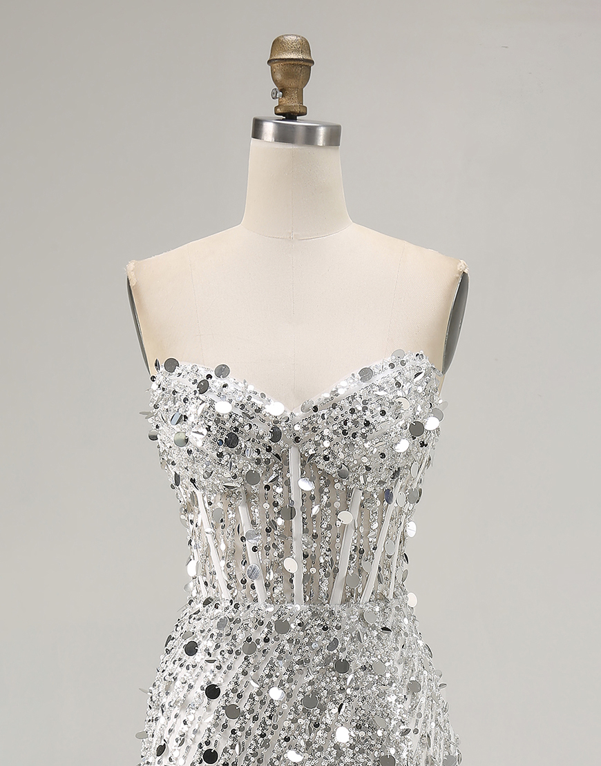 Sparkly Gold Sweetheart Sheath Corset Sequin Long Prom Dress with Slit