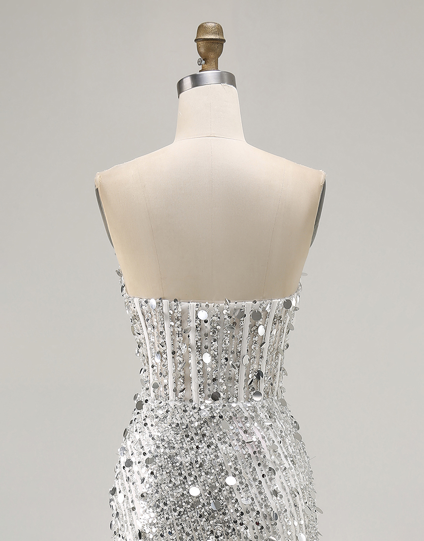 Sparkly Gold Sweetheart Sheath Corset Sequin Long Prom Dress with Slit