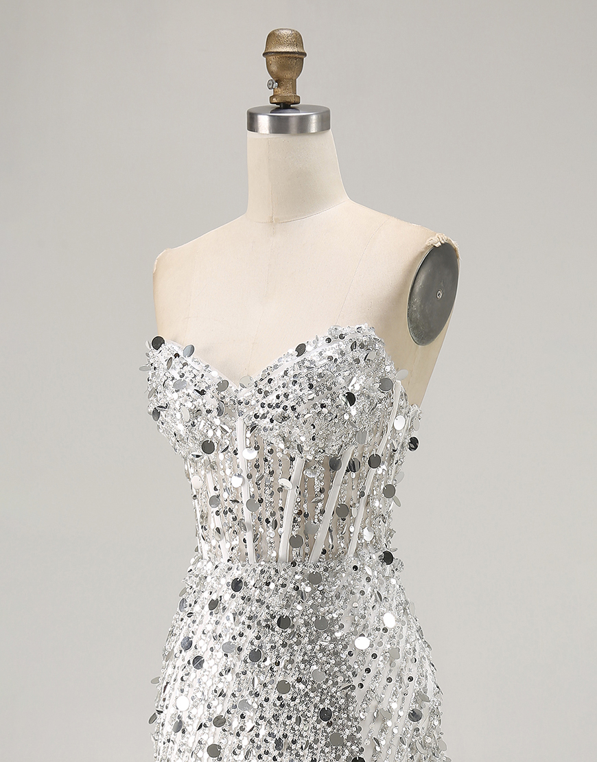 Sparkly Gold Sweetheart Sheath Corset Sequin Long Prom Dress with Slit