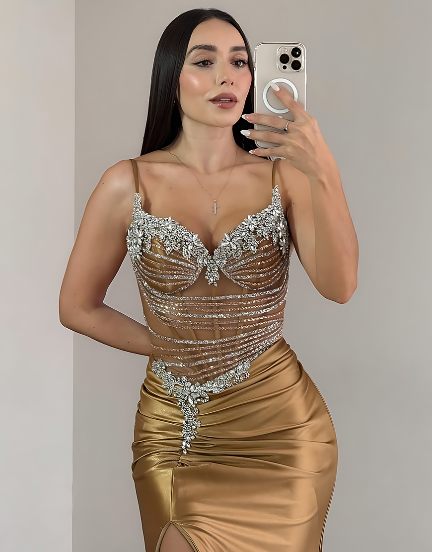 Sparkly Dark Gold Mermaid Long Beaded Corset Prom Dress with Slit