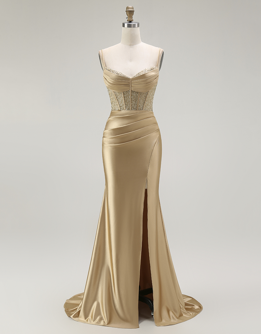 Sparkly Gold Mermaid Long Corset Satin Prom Dress with Slit