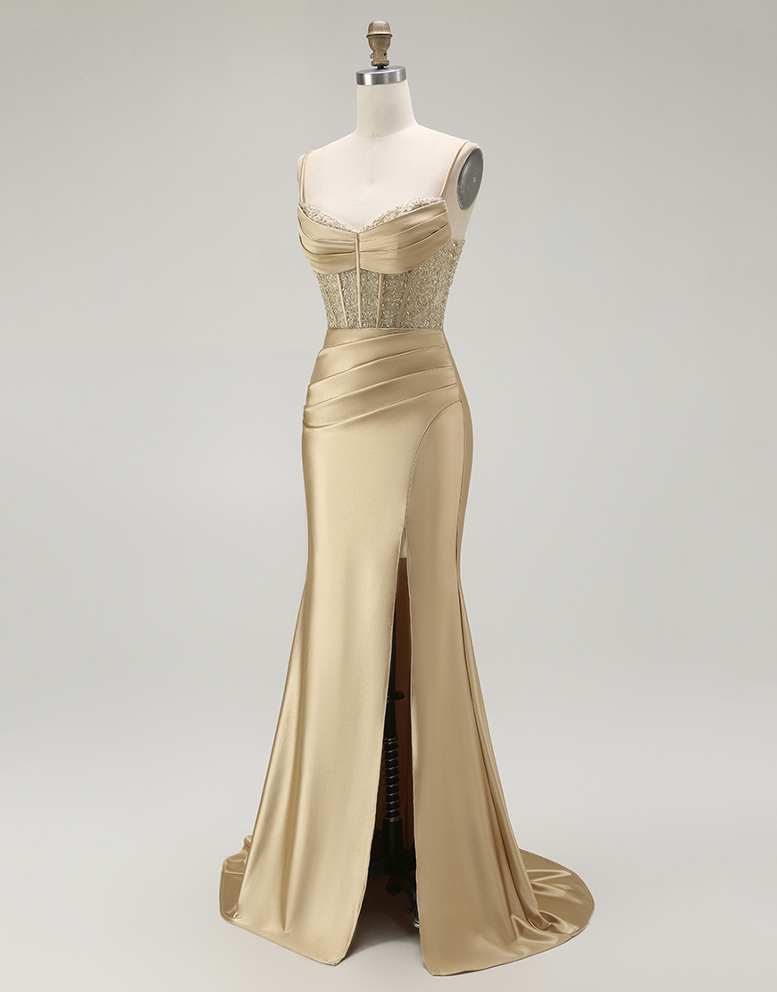 Sparkly Gold Mermaid Long Corset Satin Prom Dress with Slit