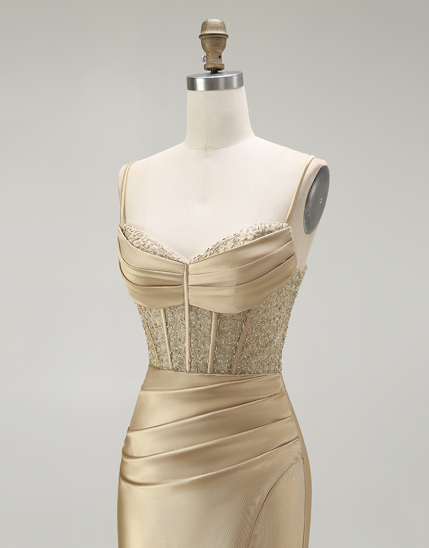 Sparkly Gold Mermaid Long Corset Satin Prom Dress with Slit