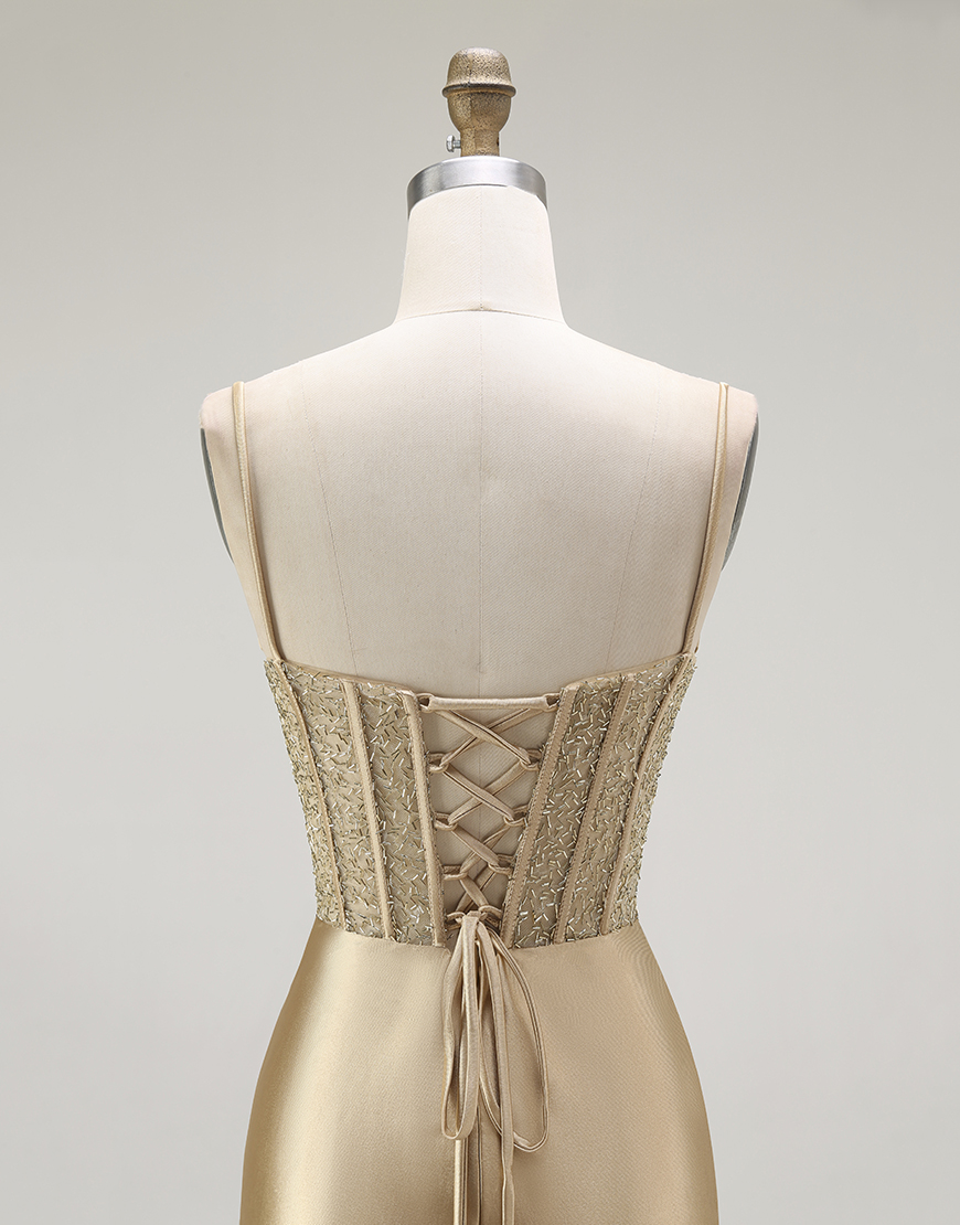 Sparkly Gold Mermaid Long Corset Satin Prom Dress with Slit