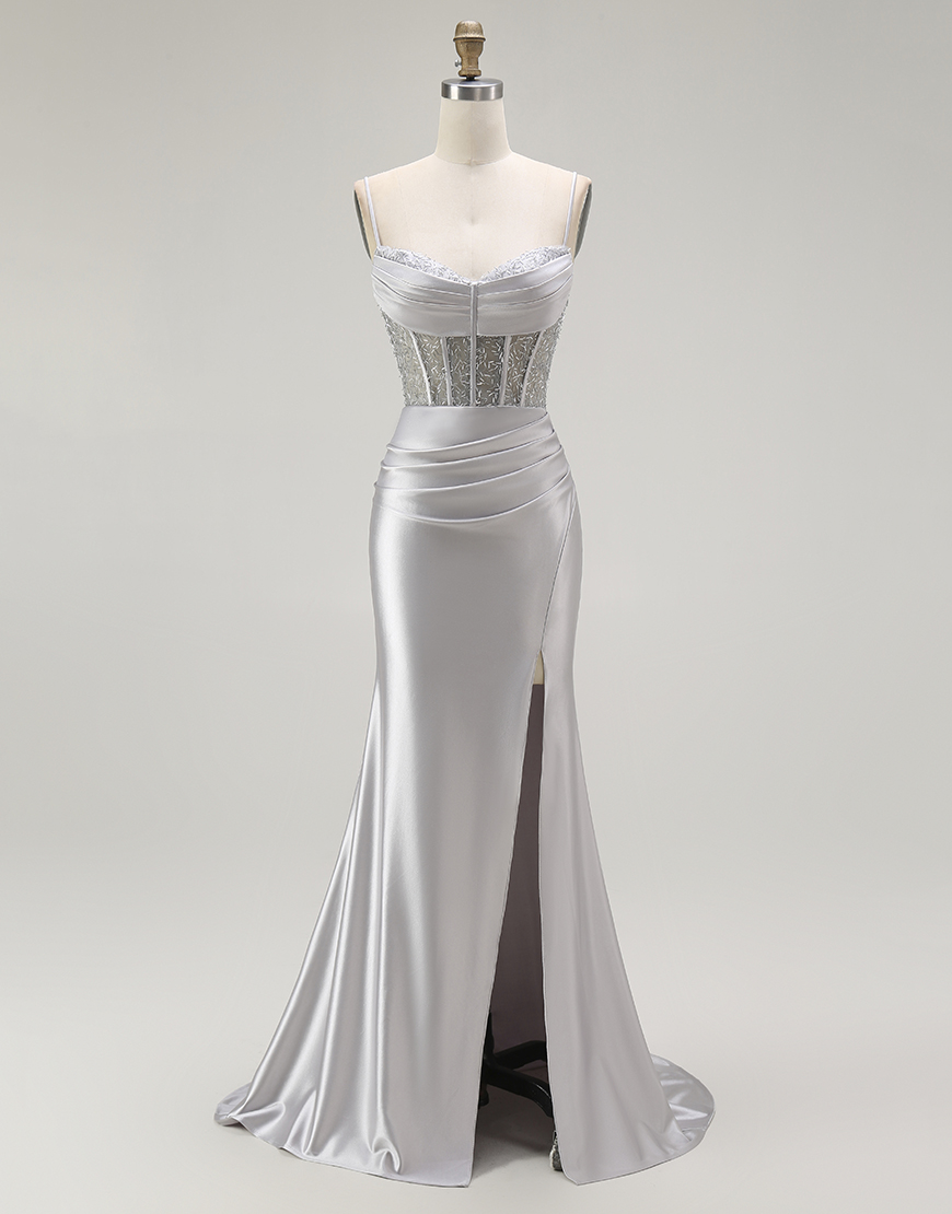 Sparkly Gold Mermaid Long Corset Satin Prom Dress with Slit