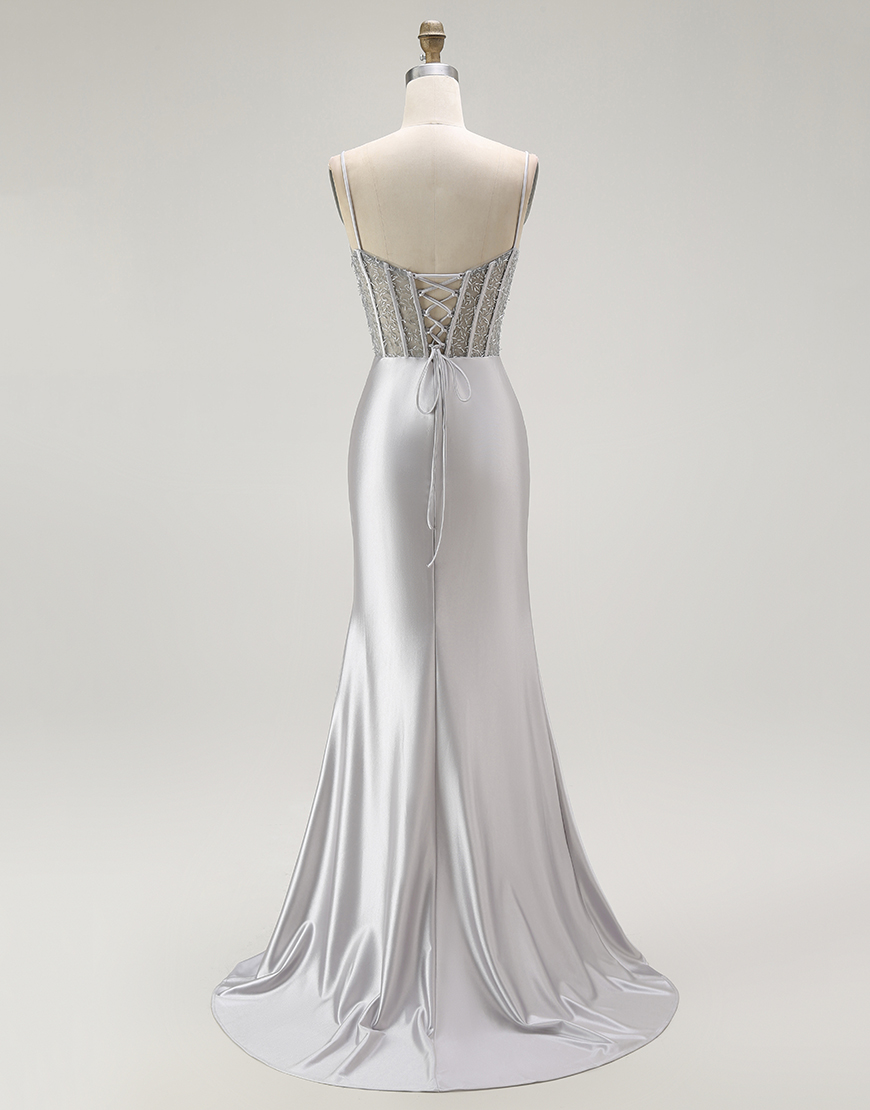 Sparkly Gold Mermaid Long Corset Satin Prom Dress with Slit