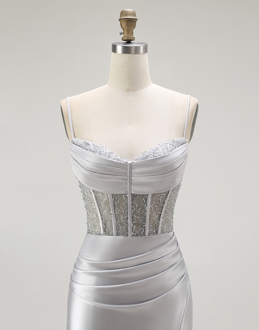 Sparkly Gold Mermaid Long Corset Satin Prom Dress with Slit