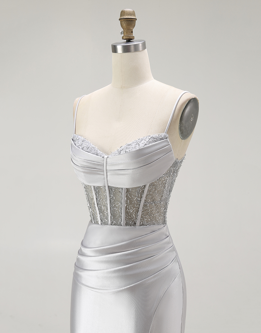 Sparkly Gold Mermaid Long Corset Satin Prom Dress with Slit