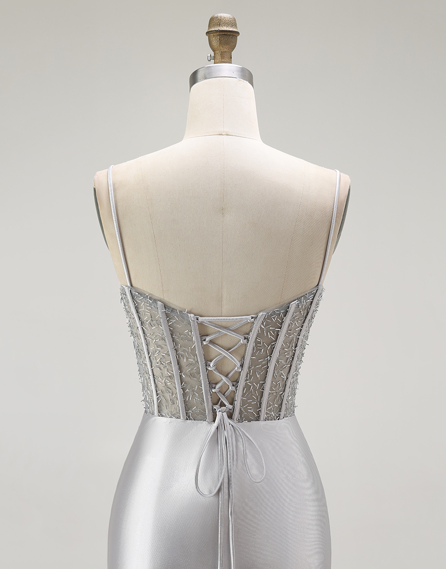 Sparkly Gold Mermaid Long Corset Satin Prom Dress with Slit