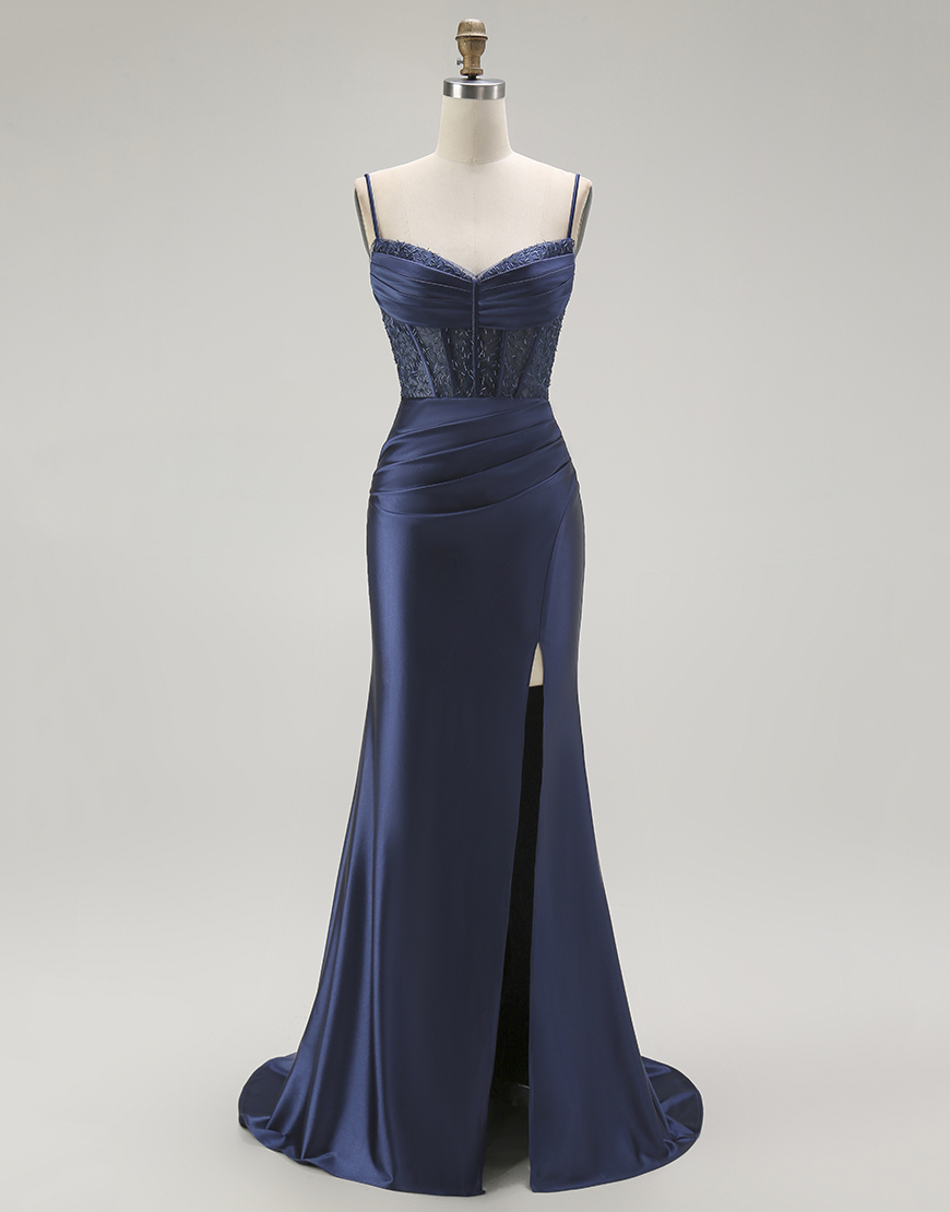 Sparkly Gold Mermaid Long Corset Satin Prom Dress with Slit