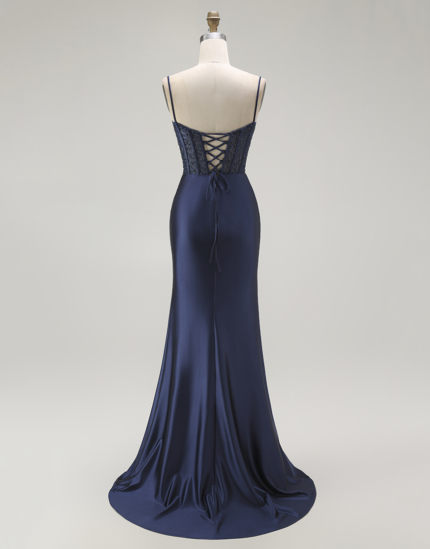 Sparkly Gold Mermaid Long Corset Satin Prom Dress with Slit