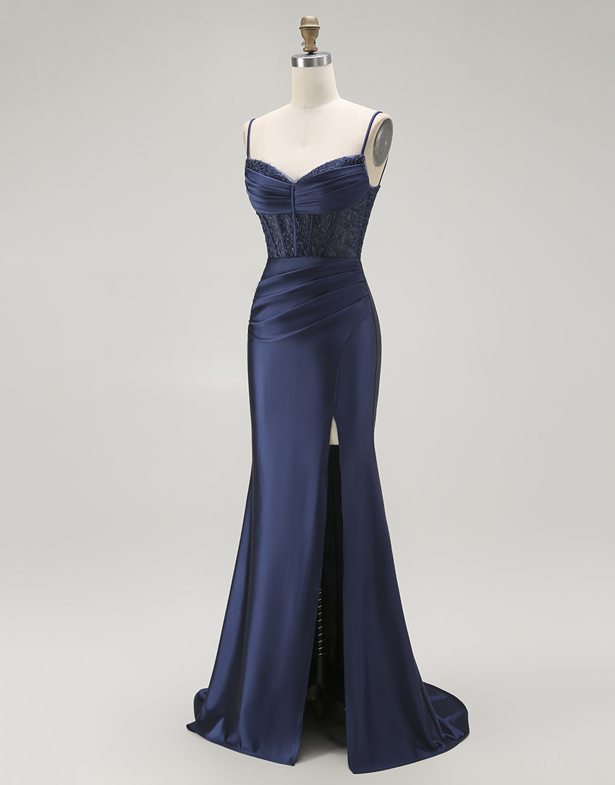 Sparkly Gold Mermaid Long Corset Satin Prom Dress with Slit