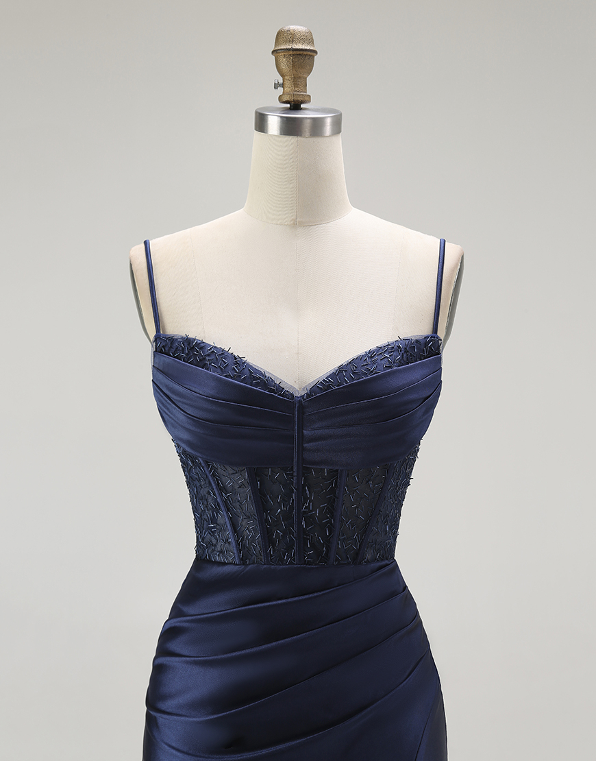 Sparkly Gold Mermaid Long Corset Satin Prom Dress with Slit