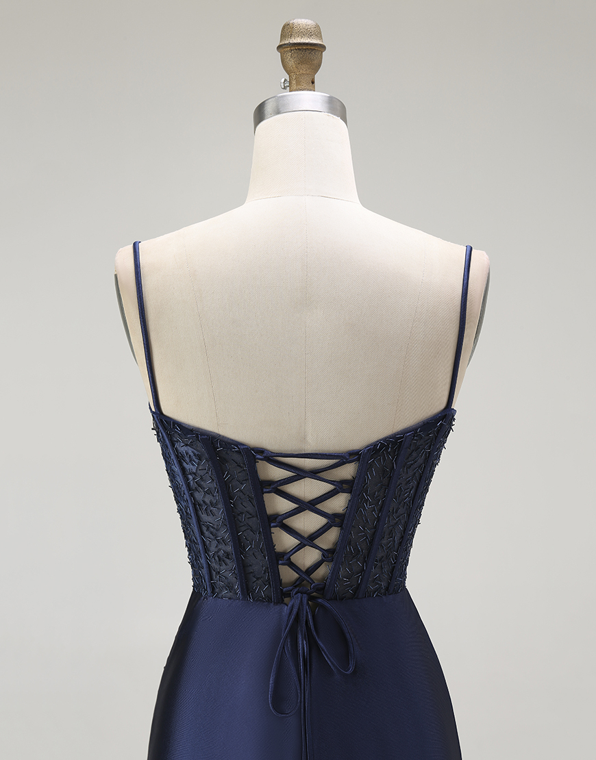 Sparkly Gold Mermaid Long Corset Satin Prom Dress with Slit