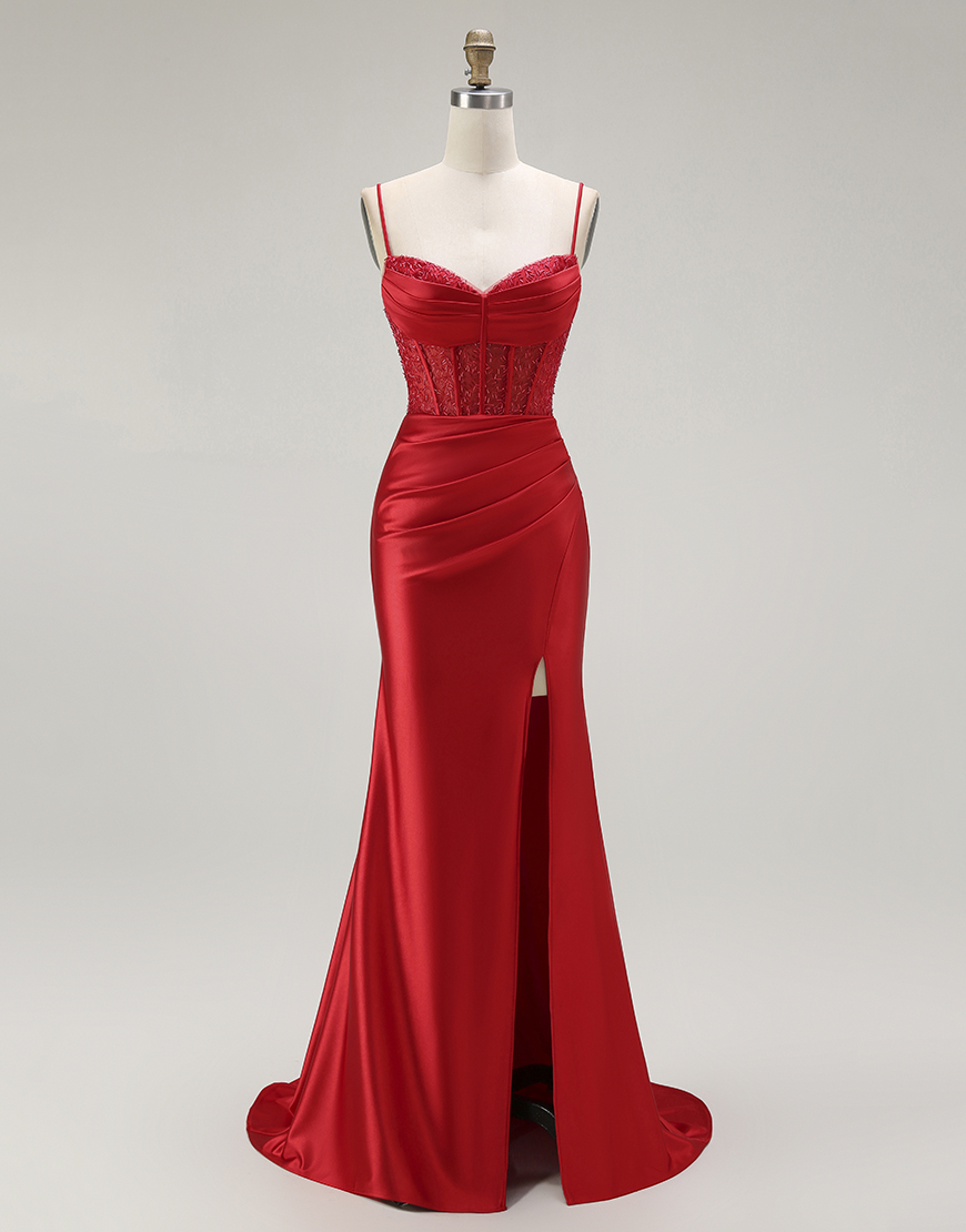 Sparkly Gold Mermaid Long Corset Satin Prom Dress with Slit