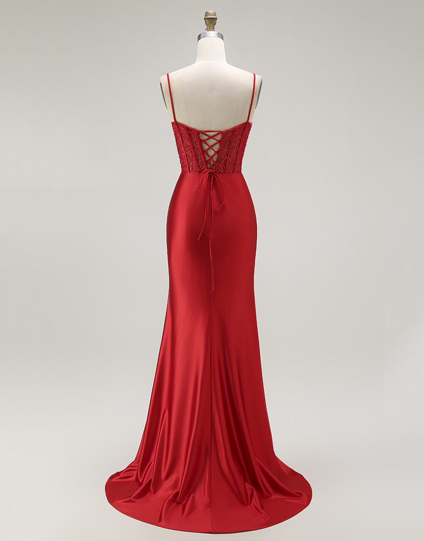 Sparkly Gold Mermaid Long Corset Satin Prom Dress with Slit