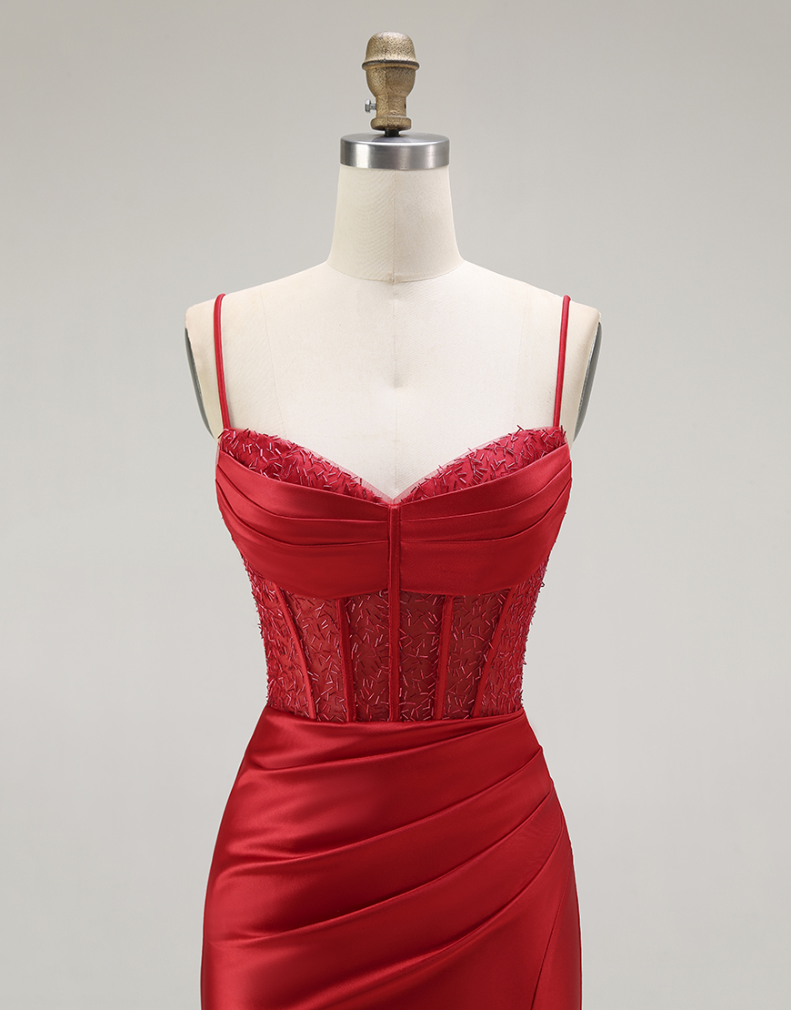 Sparkly Gold Mermaid Long Corset Satin Prom Dress with Slit