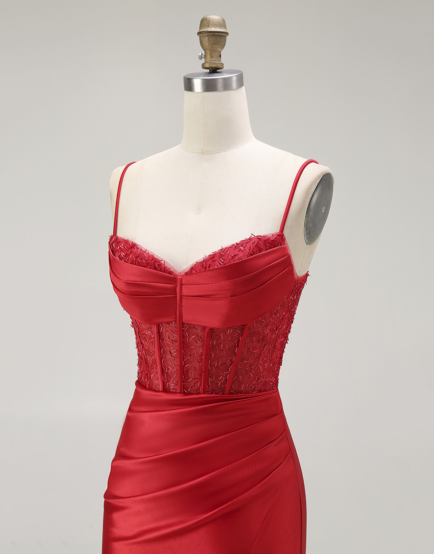 Sparkly Gold Mermaid Long Corset Satin Prom Dress with Slit