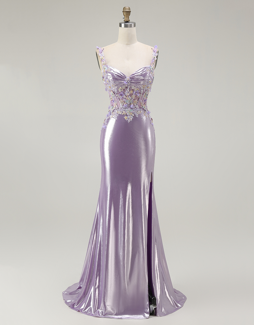 Berlinnova Women Sparkly Lilac Floral Mermaid Long Prom Dress with Slit Metallic Appliqued Lace Up Back Evening Dress