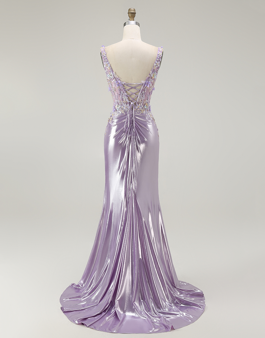 Sparkly Lilac Floral Mermaid Long Prom Dress with Slit