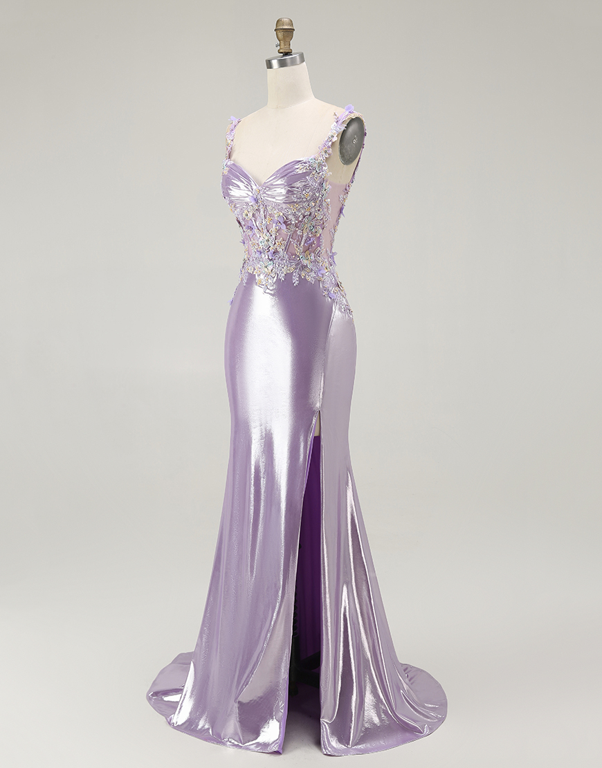 Sparkly Lilac Floral Mermaid Long Prom Dress with Slit