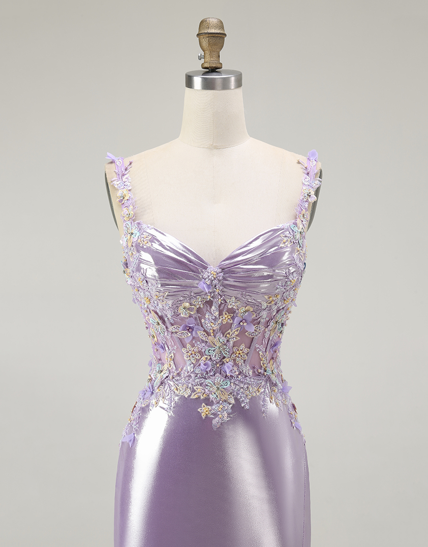 Sparkly Lilac Floral Mermaid Long Prom Dress with Slit