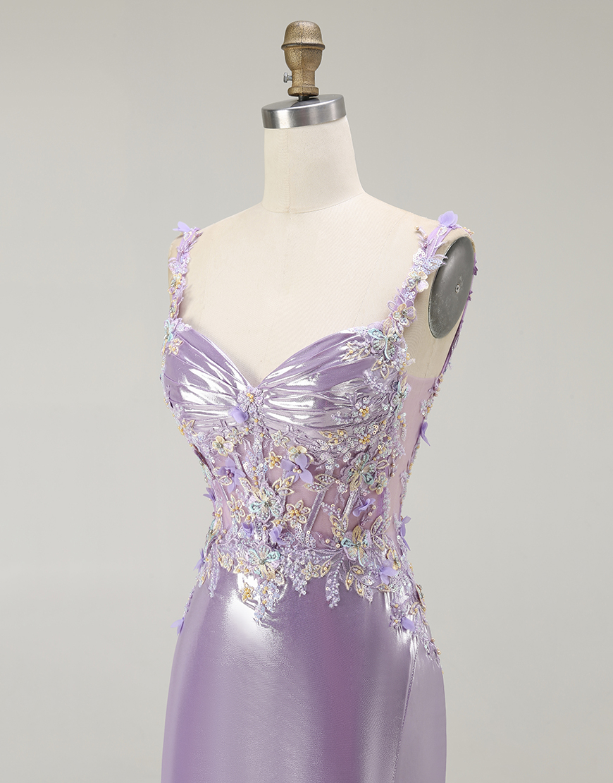 Sparkly Lilac Floral Mermaid Long Prom Dress with Slit