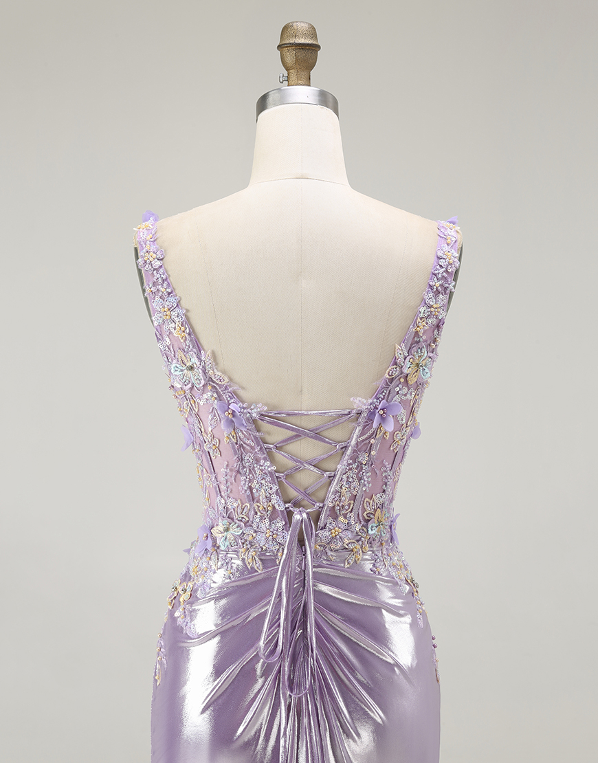 Sparkly Lilac Floral Mermaid Long Prom Dress with Slit