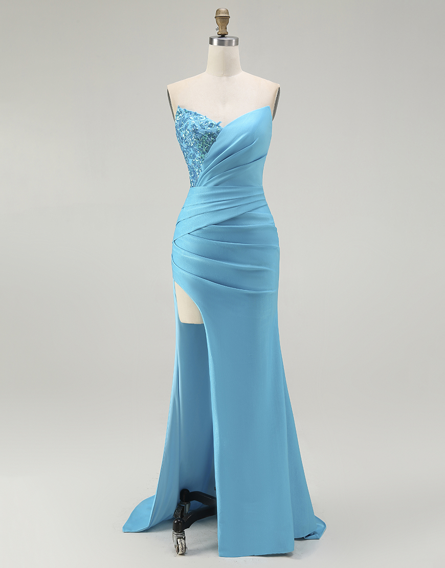 Sparkly Blue Satin Mermaid Ruched Long Prom Dress with Slit