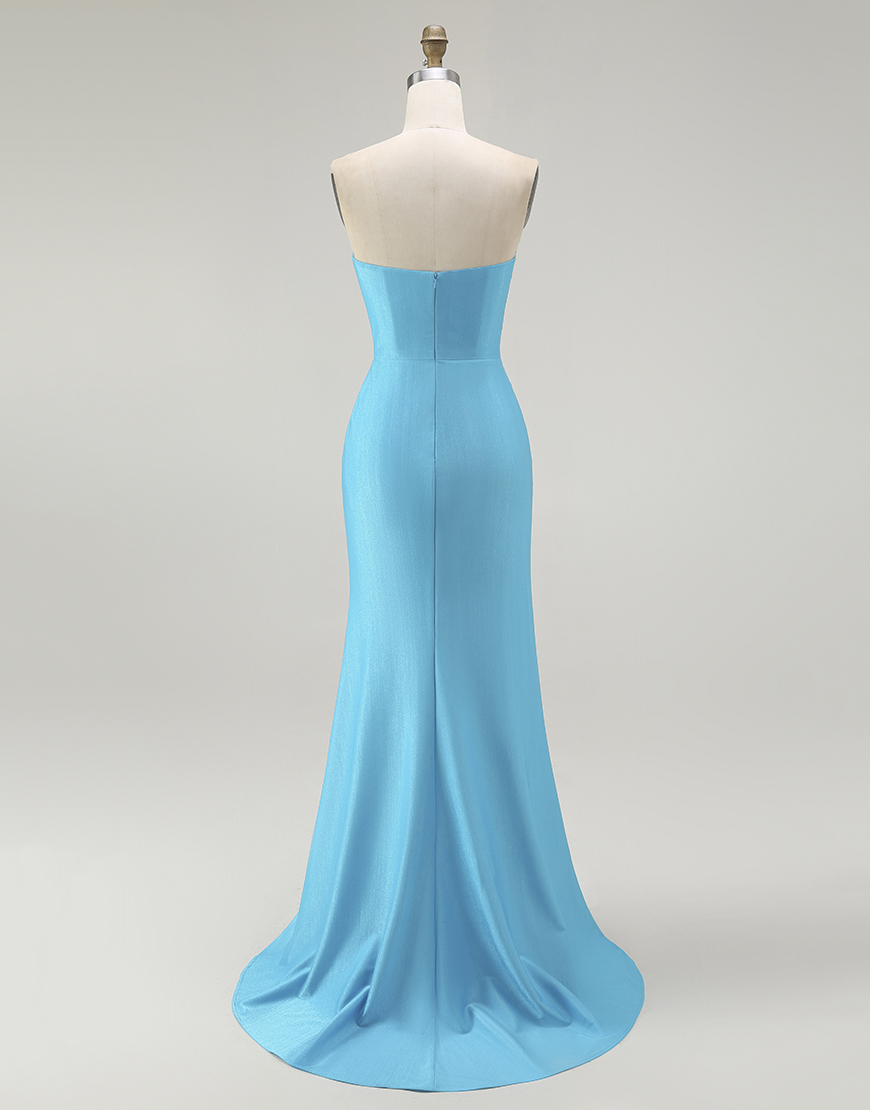 Sparkly Blue Satin Mermaid Ruched Long Prom Dress with Slit