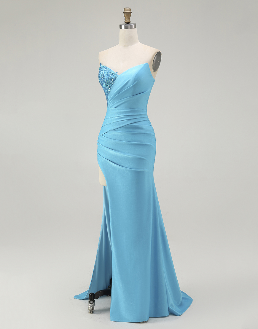 Sparkly Blue Satin Mermaid Ruched Long Prom Dress with Slit