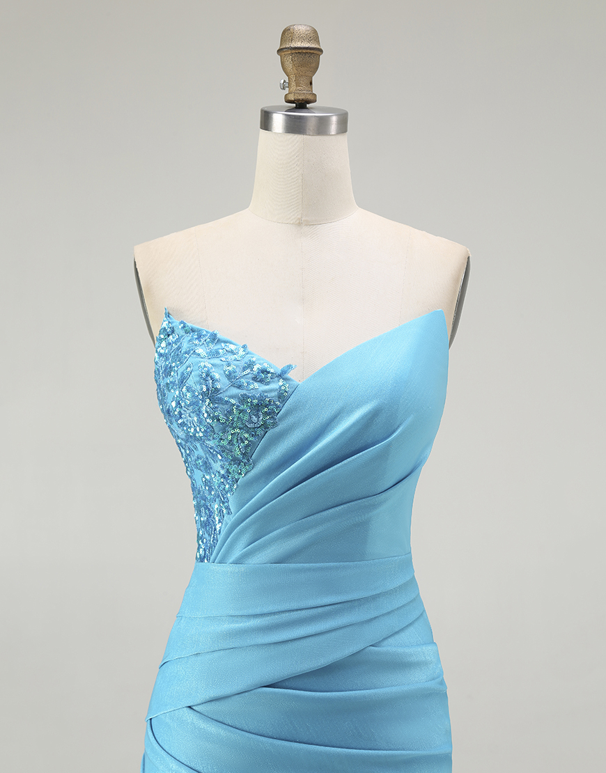 Sparkly Blue Satin Mermaid Ruched Long Prom Dress with Slit